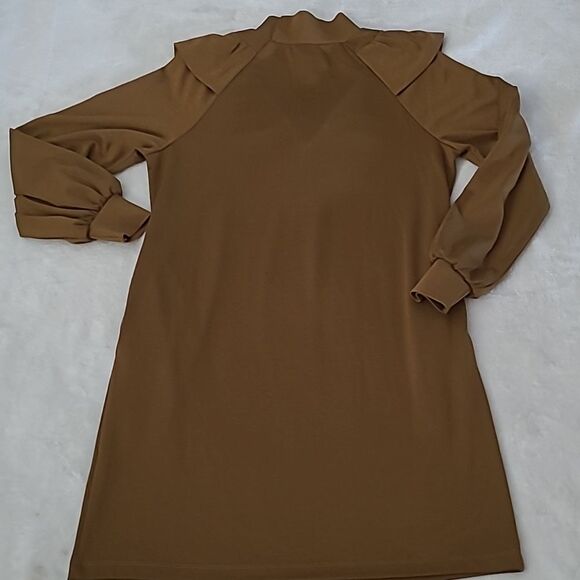 Who What Wear Women's Small Shirt Dress Brown Ruffle Long Sleeve Mock Neck Boho - Picture 15 of 16